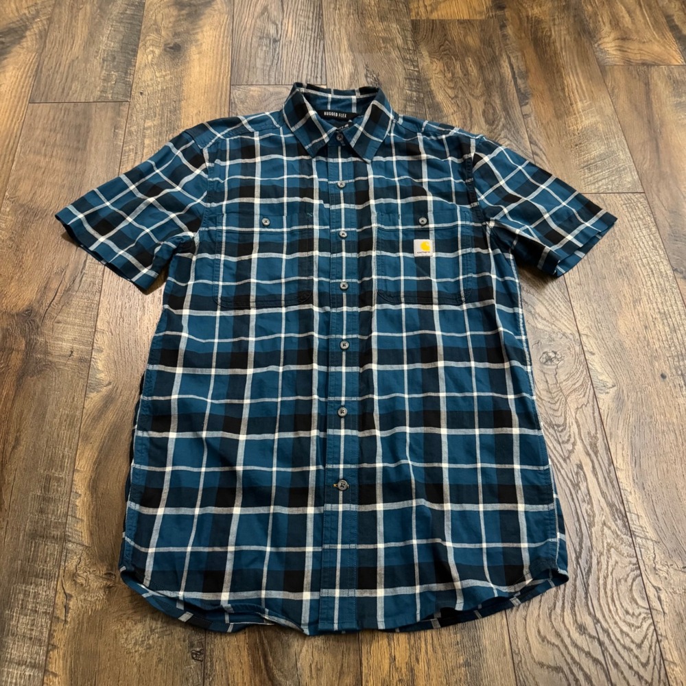 Carhartt Mens S Rugged Flex Relaxed‎ Fit Plaid Short Sleeve Button Up Shirt Blue